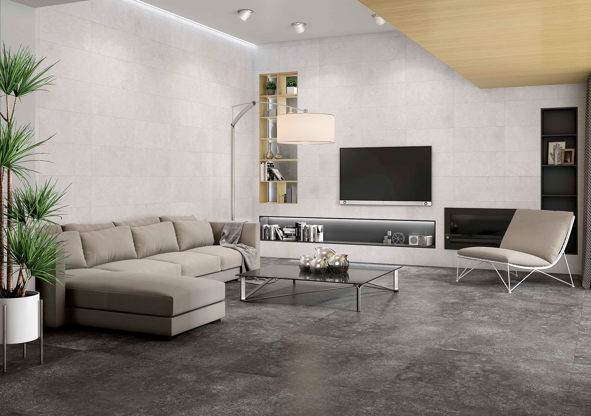 ADVANCE-Salón_100x100_HD Sala de exposición con pavimento cerámico gris oscuro y revestimiento mural claro