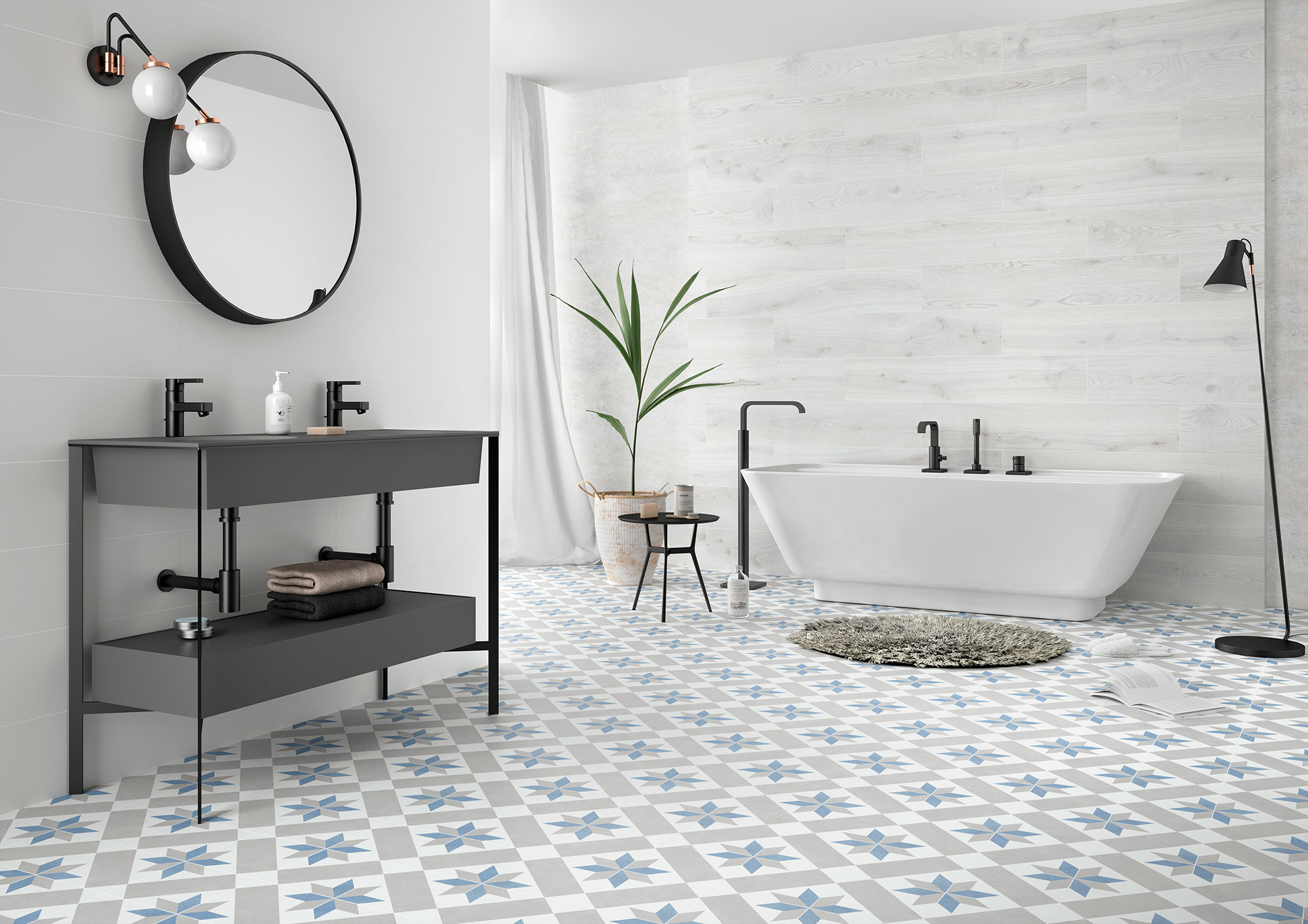 ALGORD-WHITE-23x120-Y-SURREY-20x20-CMYK-AMB-01 Baño moderno con pavimento cerámico estampado azul, bañera exenta y lavabo negro