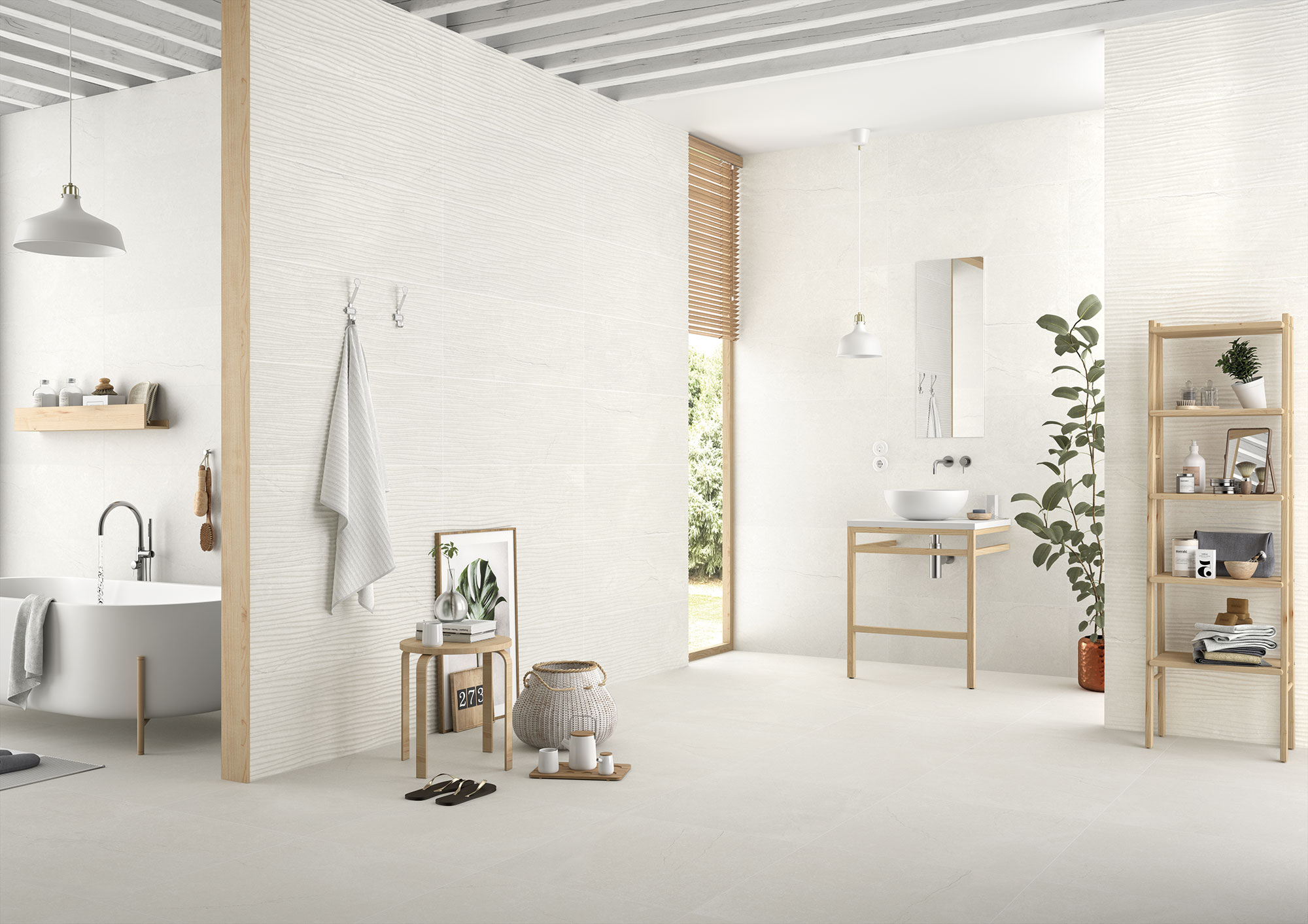 Baño exposición con azulejos blancos, suelo cerámico, bañera, lavabo y estantería de madera