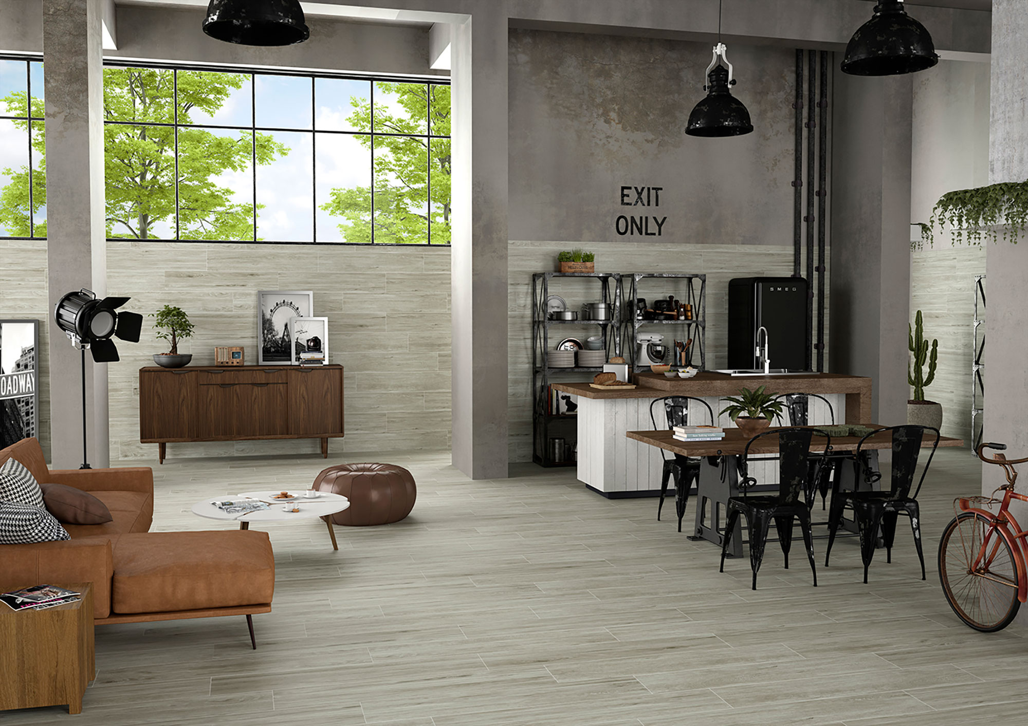 Showroom de azulejos con pavimento y revestimiento cerámico en ambiente industrial y mobiliario.