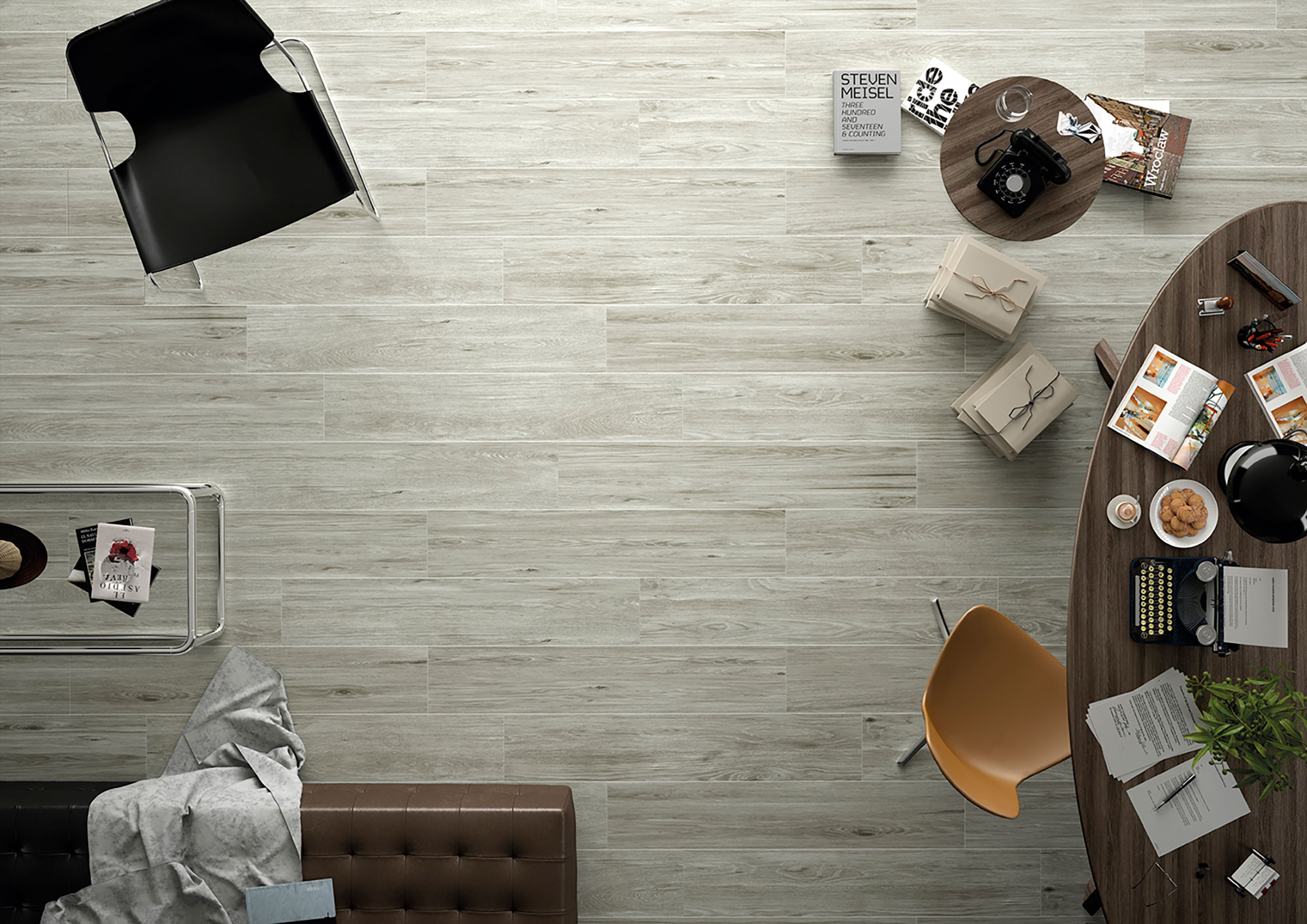 Muestra de pavimento cerámico imitación madera en ambiente de tienda con mobiliario.