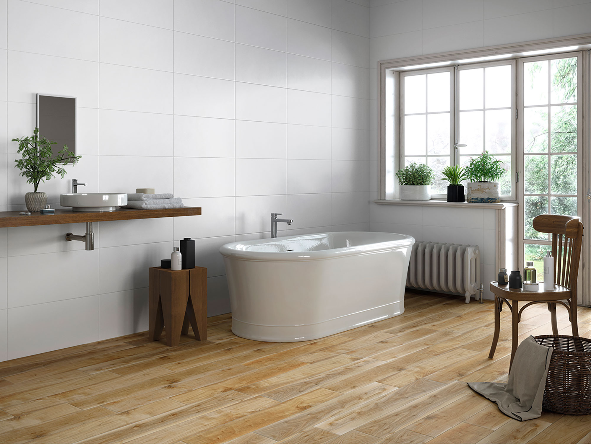 Baño con bañera y paredes de azulejo blanco y suelo cerámico efecto madera.