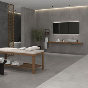AMB-ELEMENTI-COLD-75x150+75x75-HQ Muestra de azulejos y pavimentos cerámicos grises en ambiente tipo spa con banco de madera