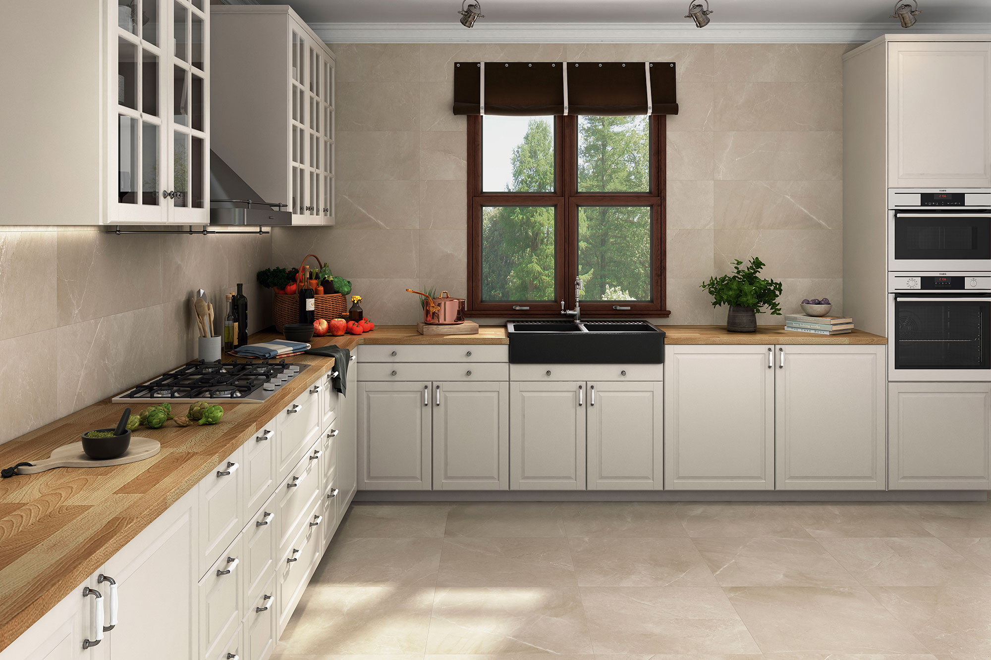 Cocina blanca con encimera de madera y revestimiento cerámico beige en paredes y suelo.