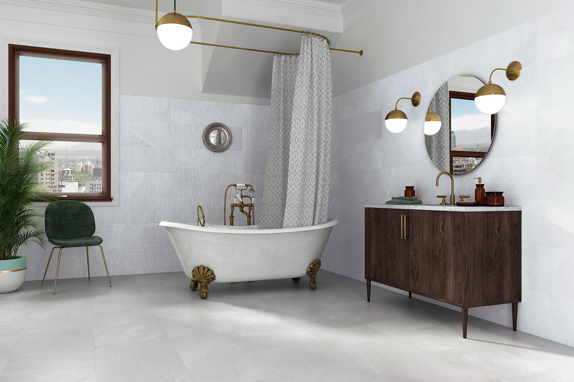 Baño expositor con bañera exenta de patas doradas, revestimientos cerámicos blancos y mueble lavabo.