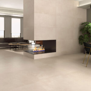 Tienda de azulejos: pavimento y revestimiento cerámico beige, chimenea moderna