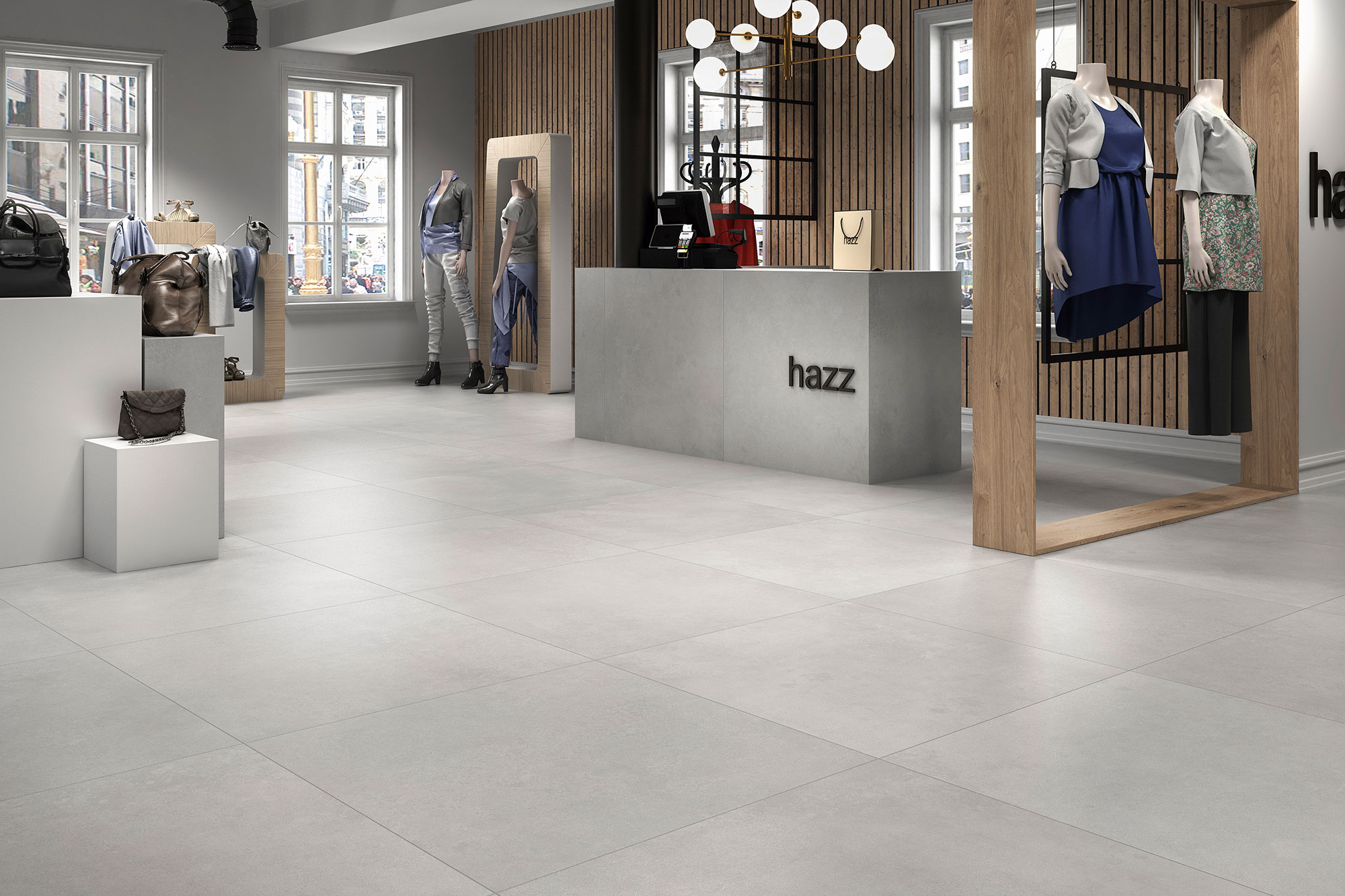 Tienda con pavimento cerámico gris claro, maniquíes y mostrador moderno