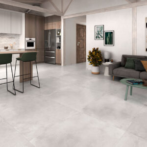 AMB-SONDER-PEARL-100x100-HQ-CMYK Showroom con salón-cocina y grandes azulejos cerámicos gris claro efecto cemento