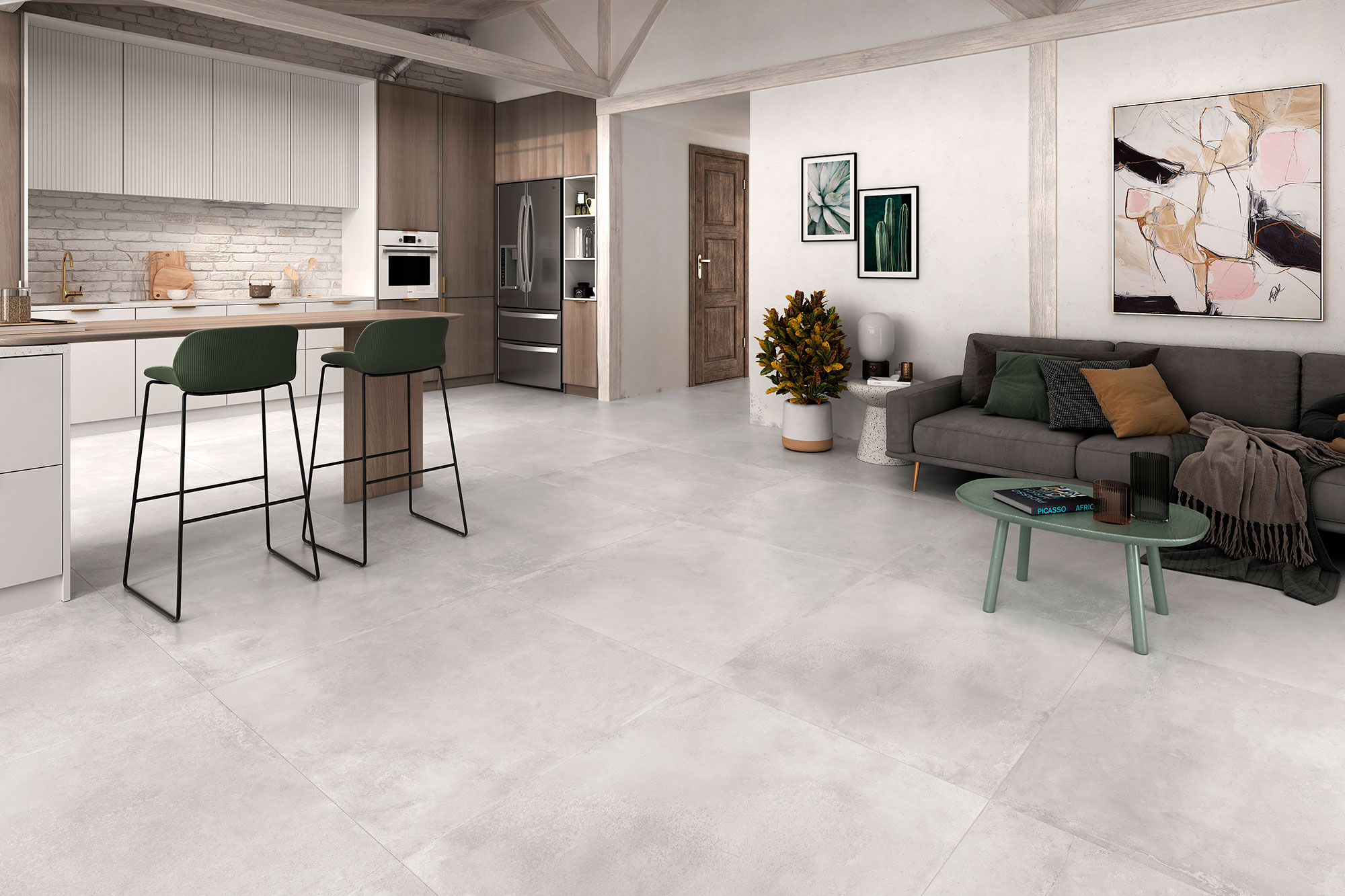 AMB-SONDER-PEARL-100x100-HQ-CMYK Showroom con salón-cocina y grandes azulejos cerámicos gris claro efecto cemento