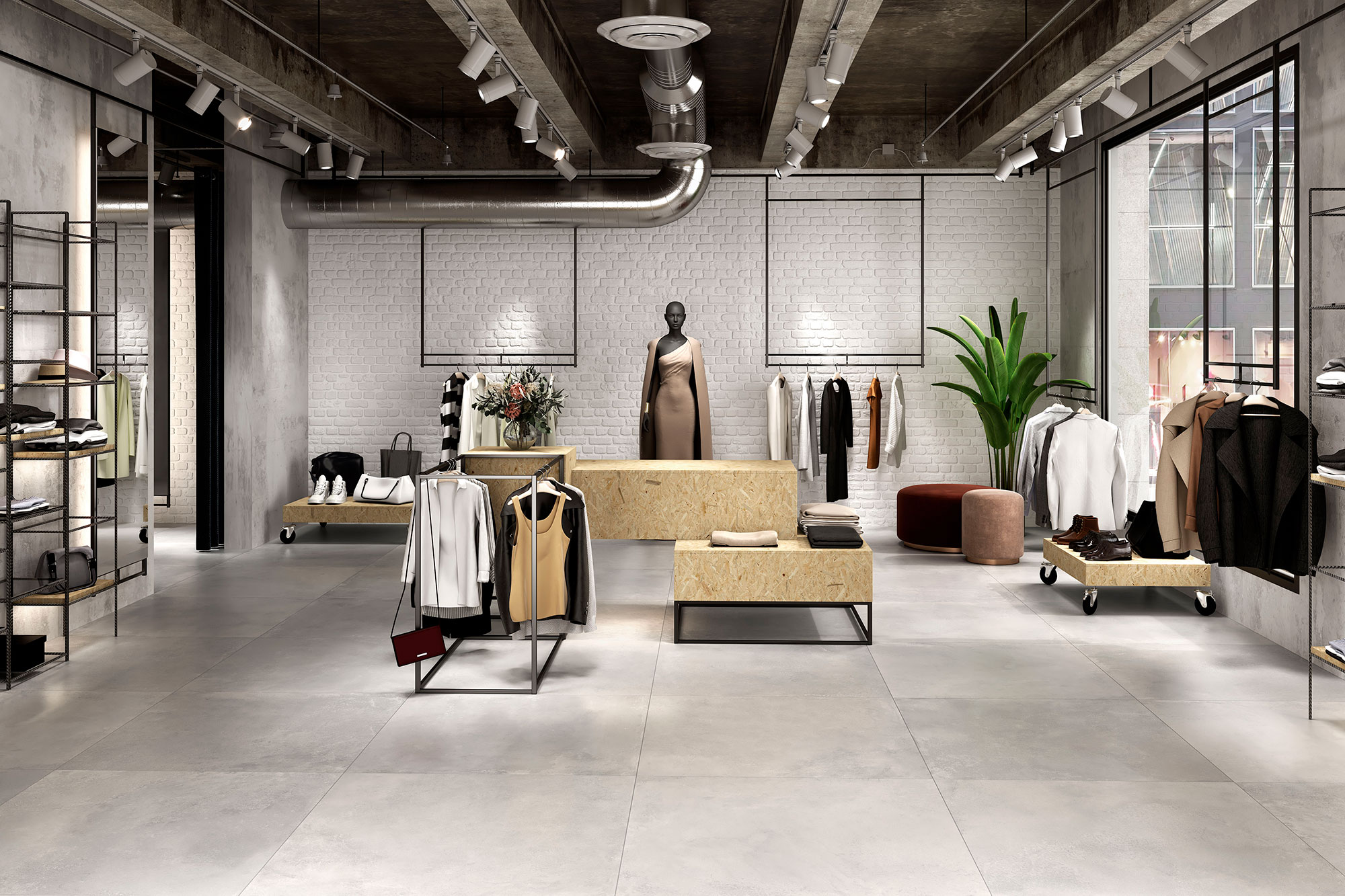 AMB-SONDER-SINL-100x100-GREY-CMYK-HQ Tienda de azulejos con suelo cerámico gris, pared ladrillo blanco y maniquí