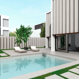 Terraza moderna con piscina, tumbonas y pavimento cerámico de grandes losas