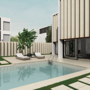 Patio moderno con piscina, pavimento y revestimiento cerámico beige, tumbonas y plantas