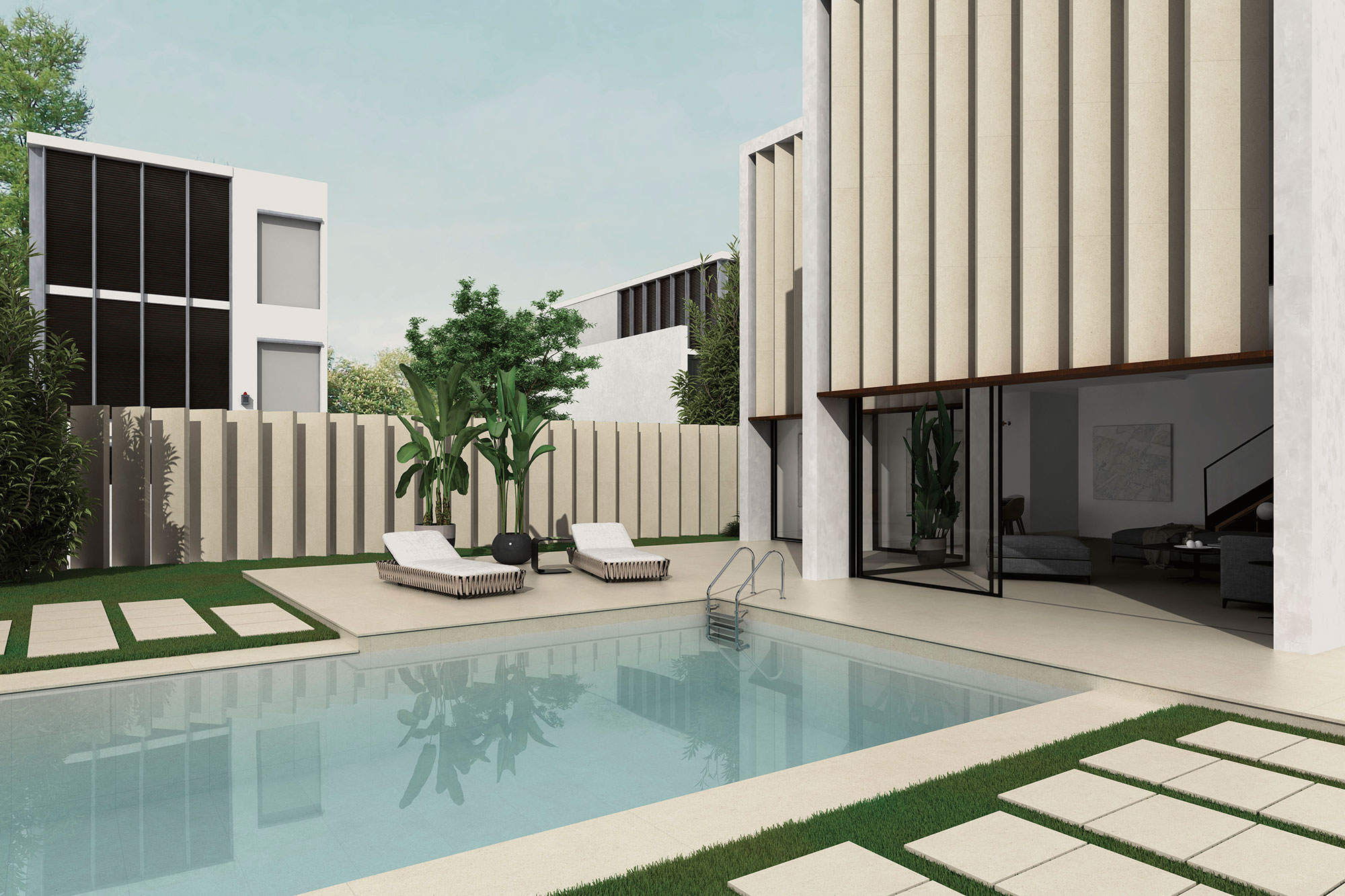 Patio moderno con piscina, pavimento y revestimiento cerámico beige, tumbonas y plantas