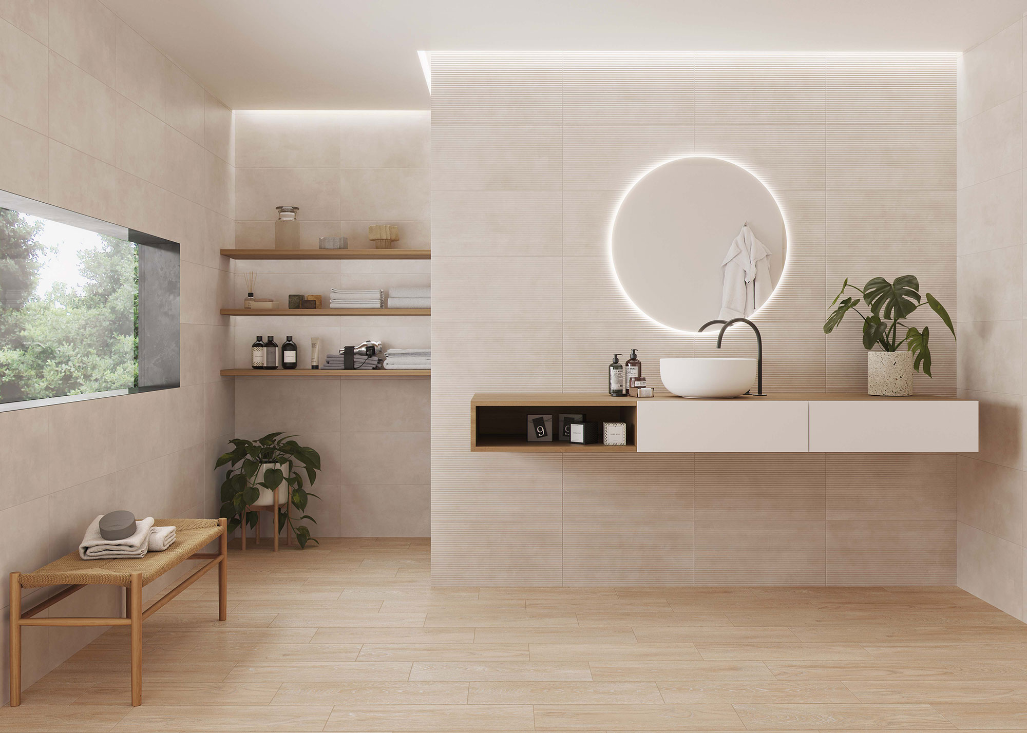 AMB_KTL_COLUMBIA+LINES_30x60_HASPE-20,5x61,5_BAJA Baño showroom con azulejos y pavimento cerámico beige, lavabo y espejo circular iluminado