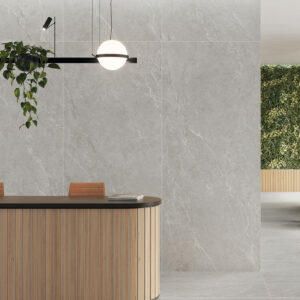 Recepción minimalista con azulejos cerámicos gris efecto mármol y mostrador de madera