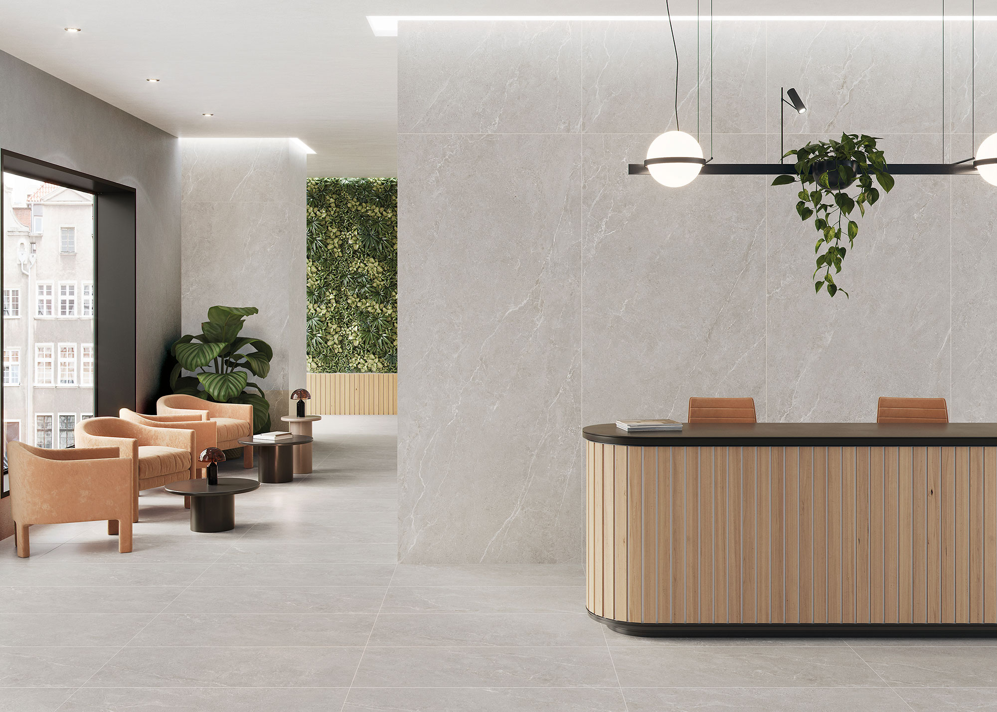 Mostrador de madera, butacas y muro vegetal sobre pavimento y revestimiento cerámico gris