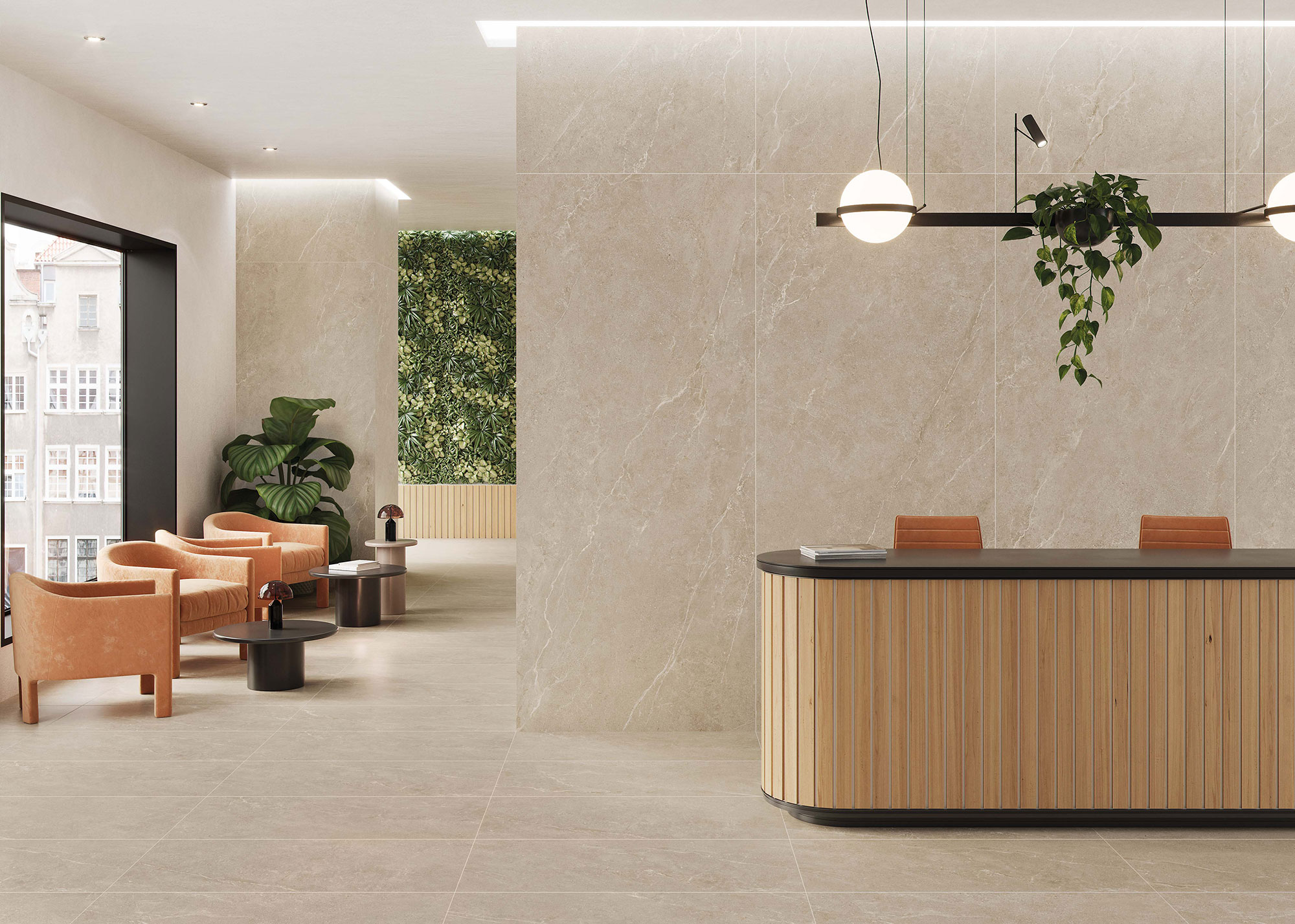 Showroom de pavimentos y revestimientos cerámicos beige con mostrador de madera y zona de espera