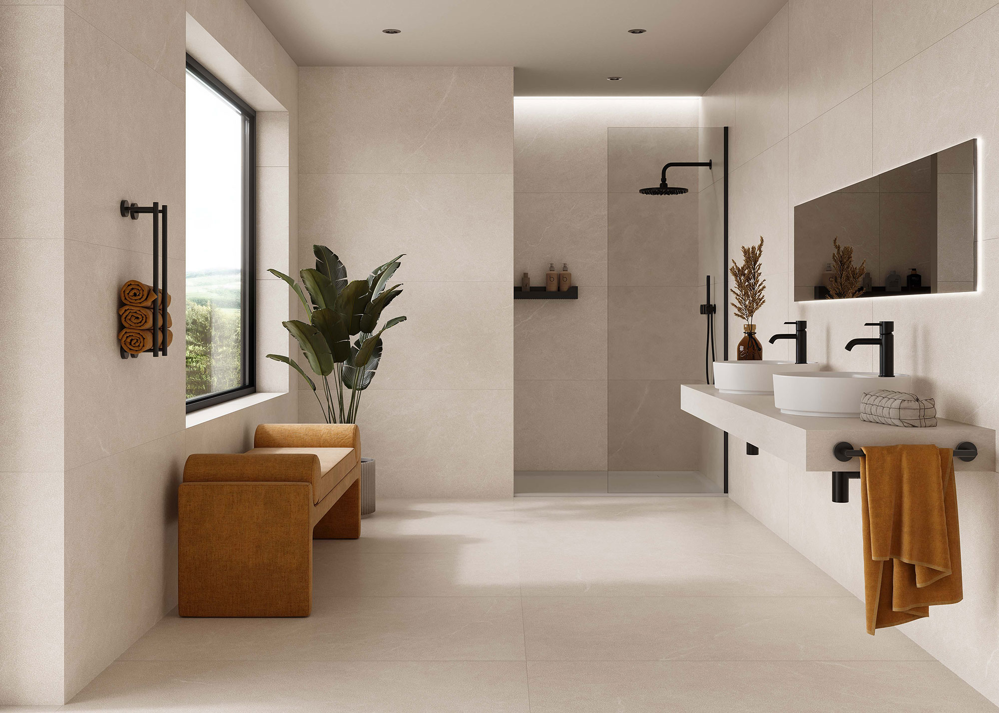 Baño minimalista con revestimiento cerámico crema, ducha abierta y doble lavabo