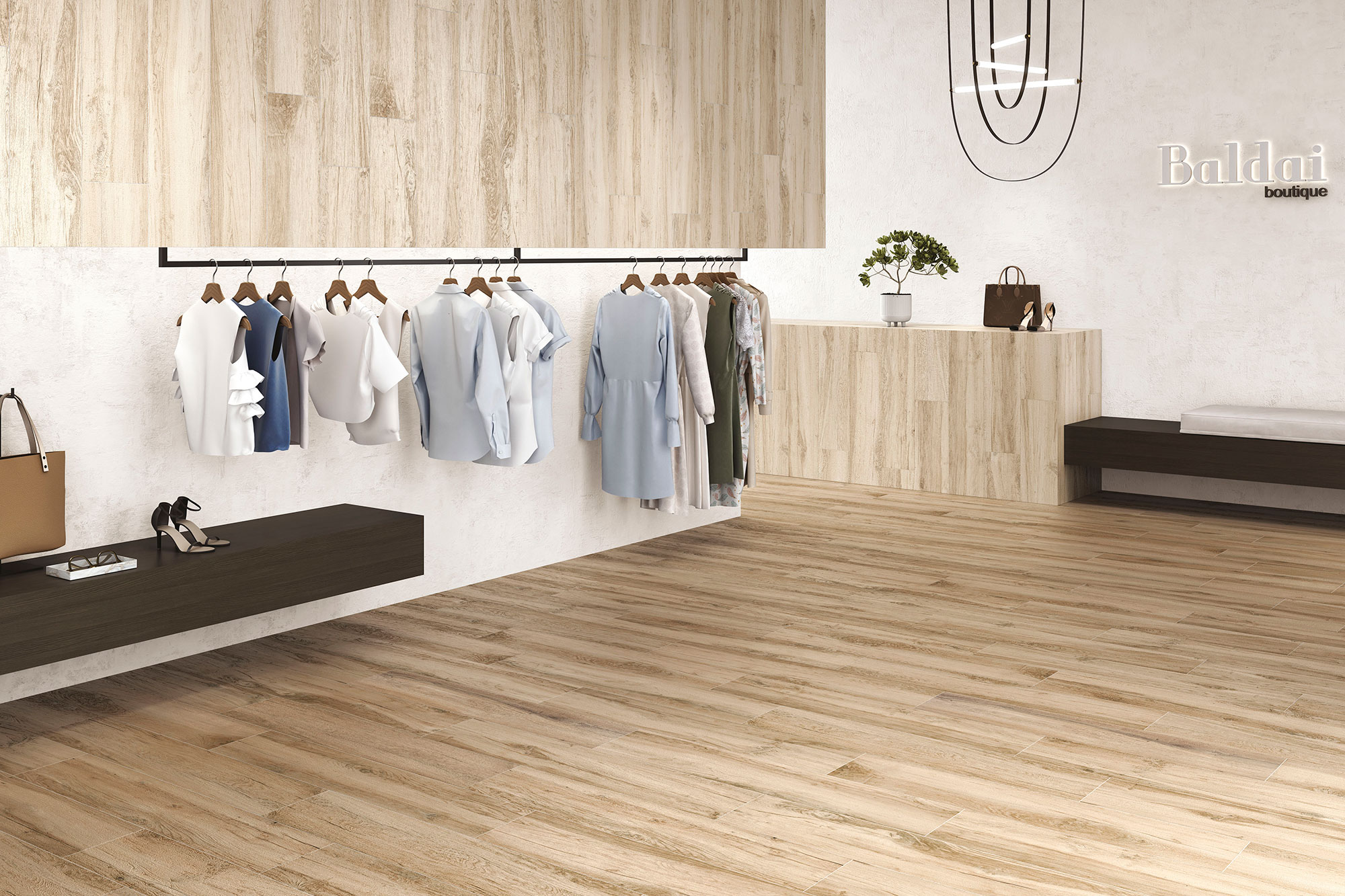 Tienda de azulejos con pavimento y revestimiento cerámico efecto madera y ropa colgada