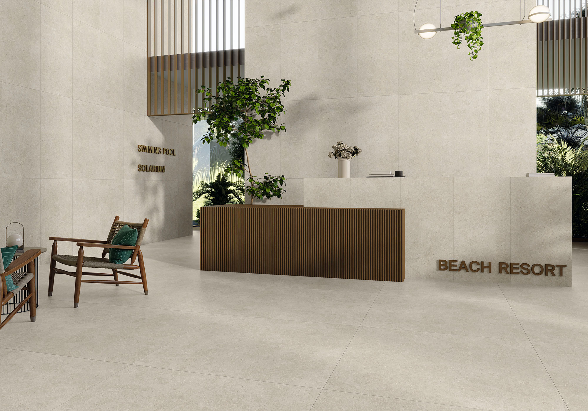 Recepción minimalista con grandes azulejos beige en suelo y paredes, mostrador madera y plantas
