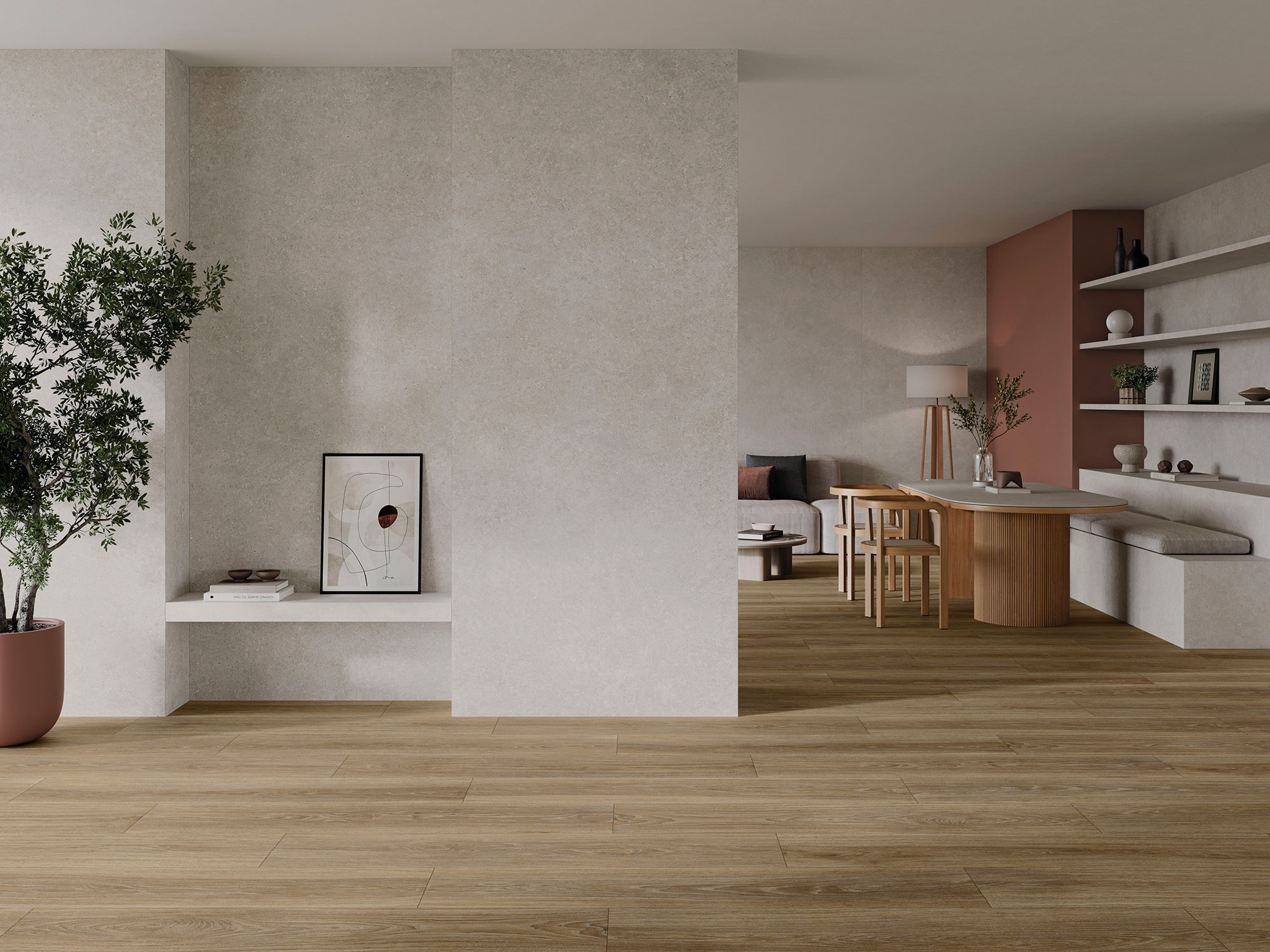 Sala con pavimento cerámico efecto madera, revestimientos claros y comedor minimalista.