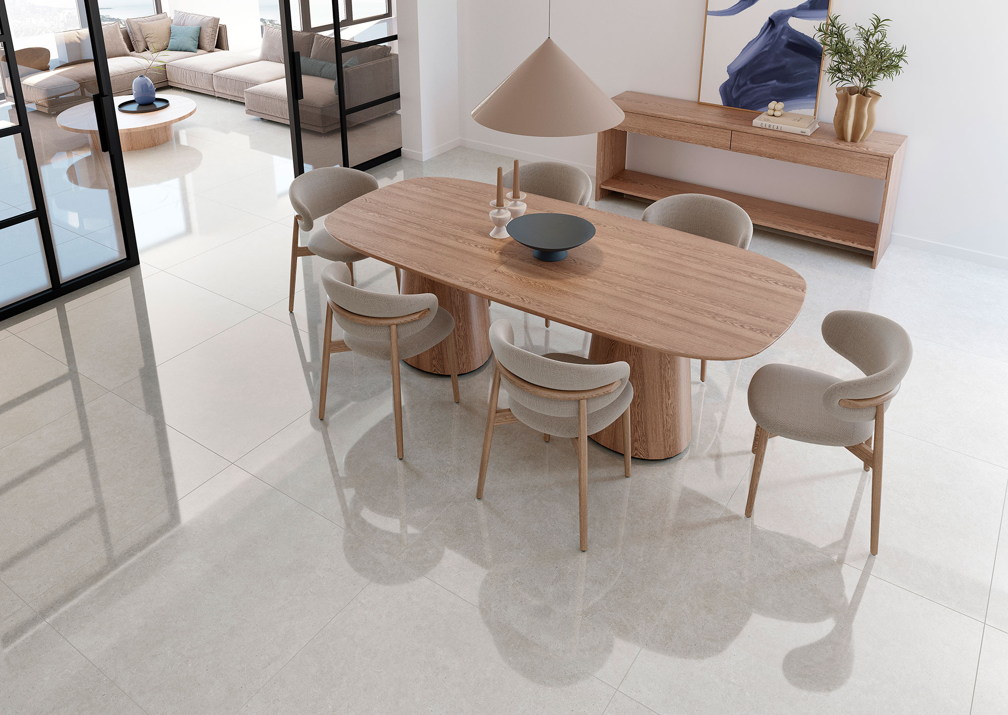 Comedor minimalista con pavimento cerámico pulido gris claro en grandes losas