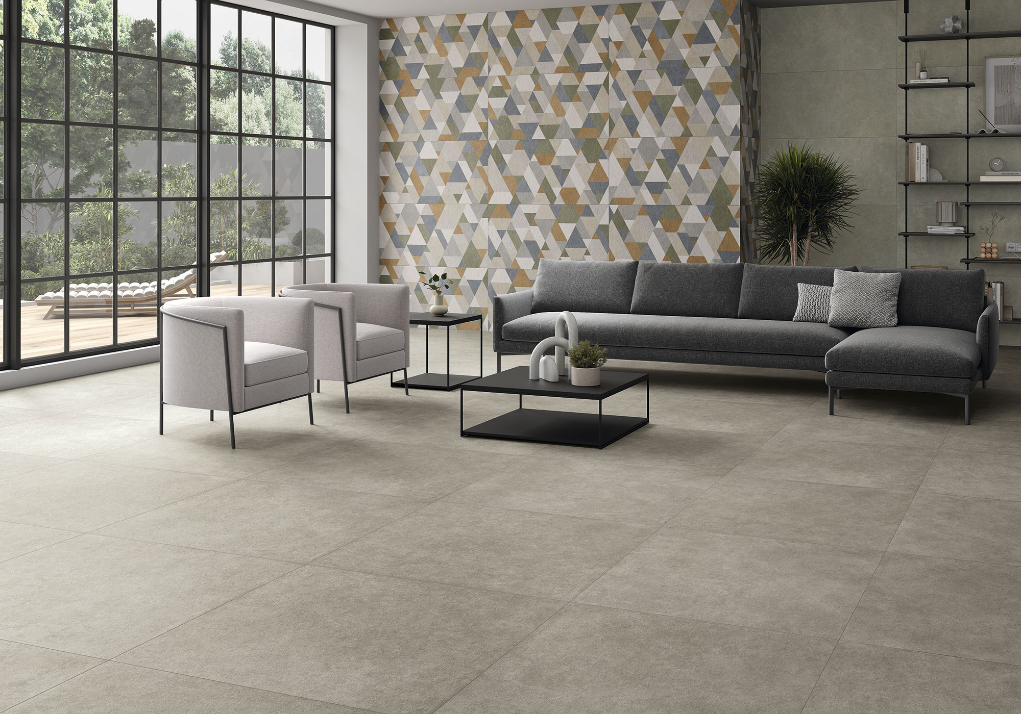 Salón pavimento baldosa gris y pared revestimiento cerámico geométrico