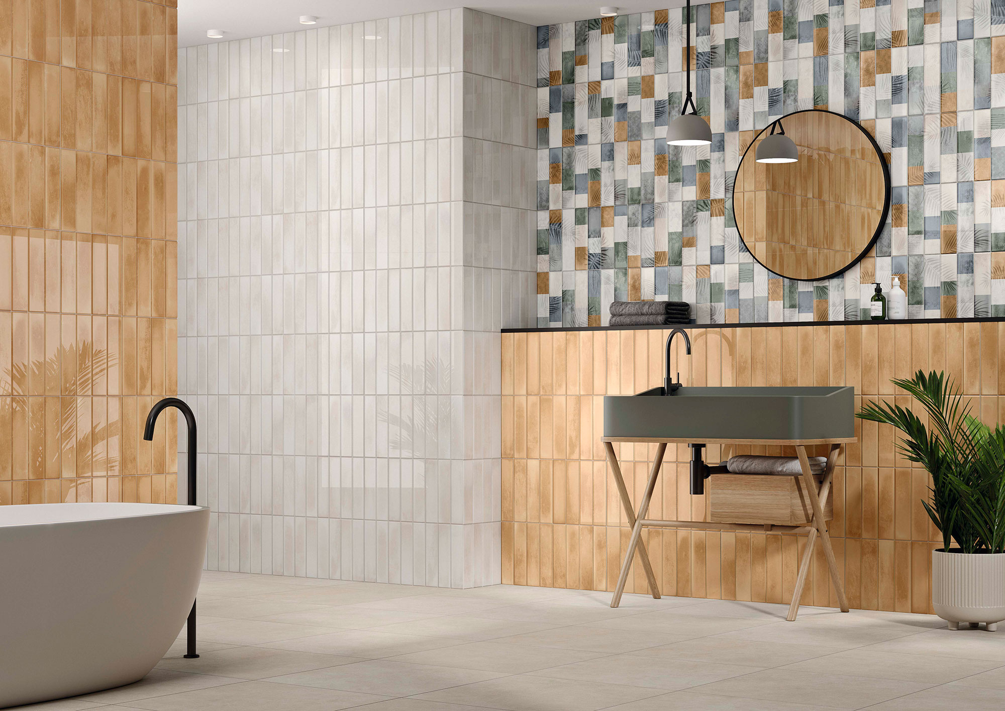Exposición de azulejos cerámicos en baño moderno con mosaico, lavabo y bañera