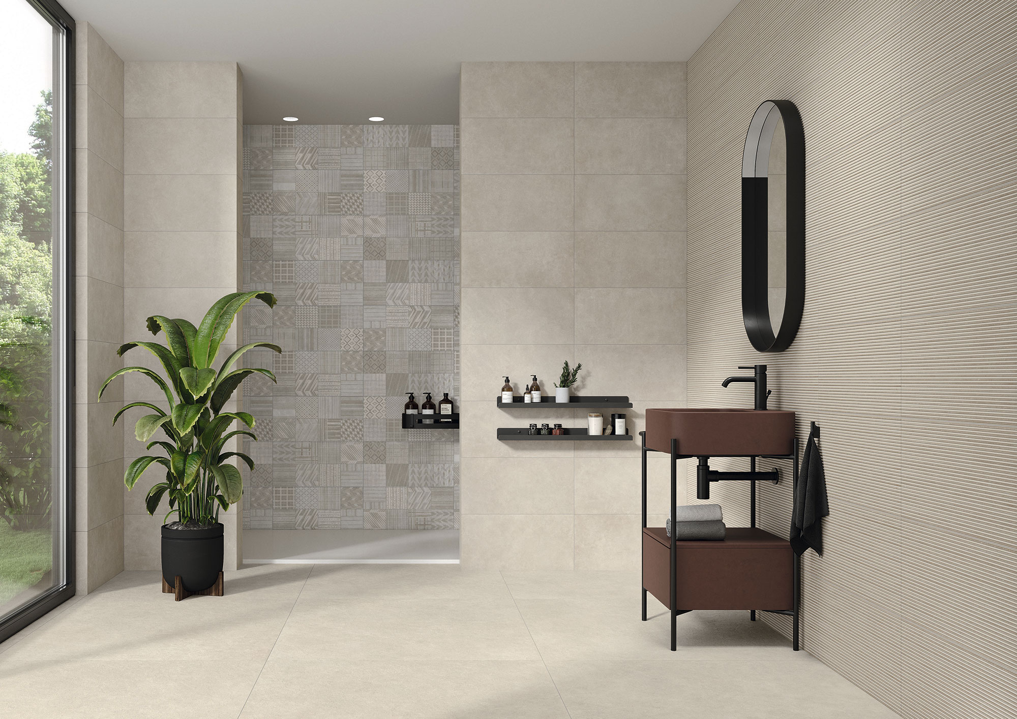 Expositor de baño con azulejos beige, panel decorativo, lavabo marrón, espejo ovalado y planta