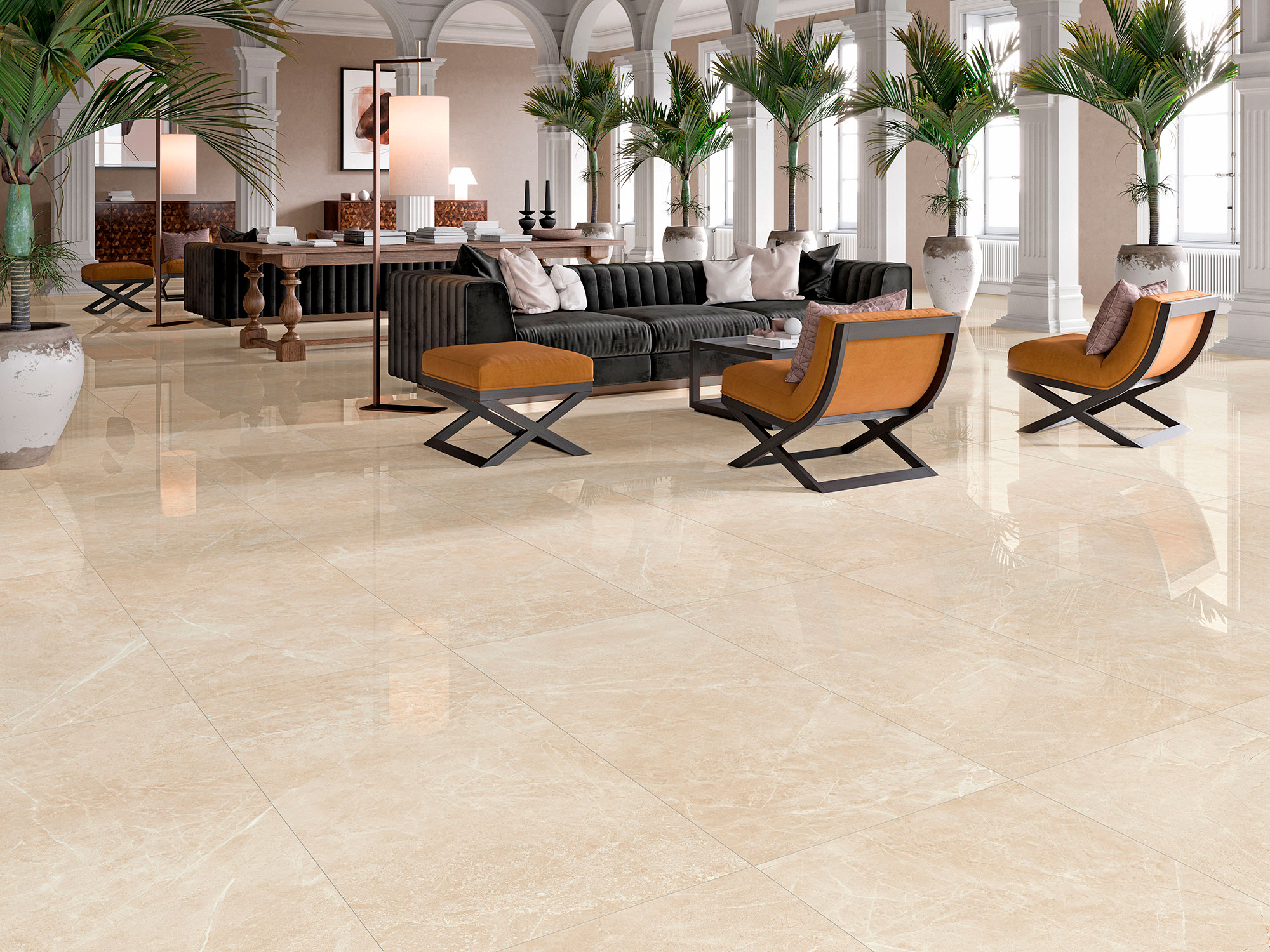AREZZO-CREAM-60X120 Showroom de azulejos crema pulidos con área lounge, sillones naranja y palmeras