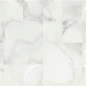 Panel de azulejos efecto mármol blanco con mosaico de cuadrados y relieves curvos