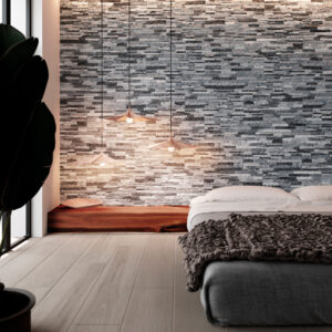 Dormitorio con revestimiento cerámico en listones grises, suelo efecto madera y lámparas colgantes