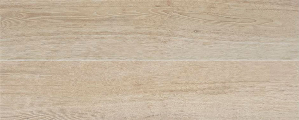 Baldosa cerámica efecto madera beige claro con junta fina horizontal