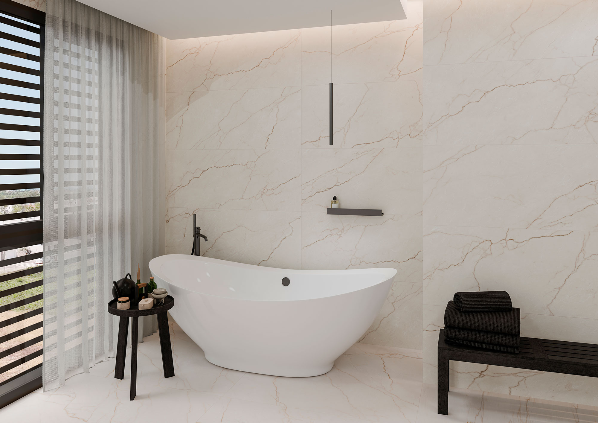 Avorio-60x120+120x120 Baño con bañera exenta sobre pavimento y revestimiento cerámico efecto mármol crema.