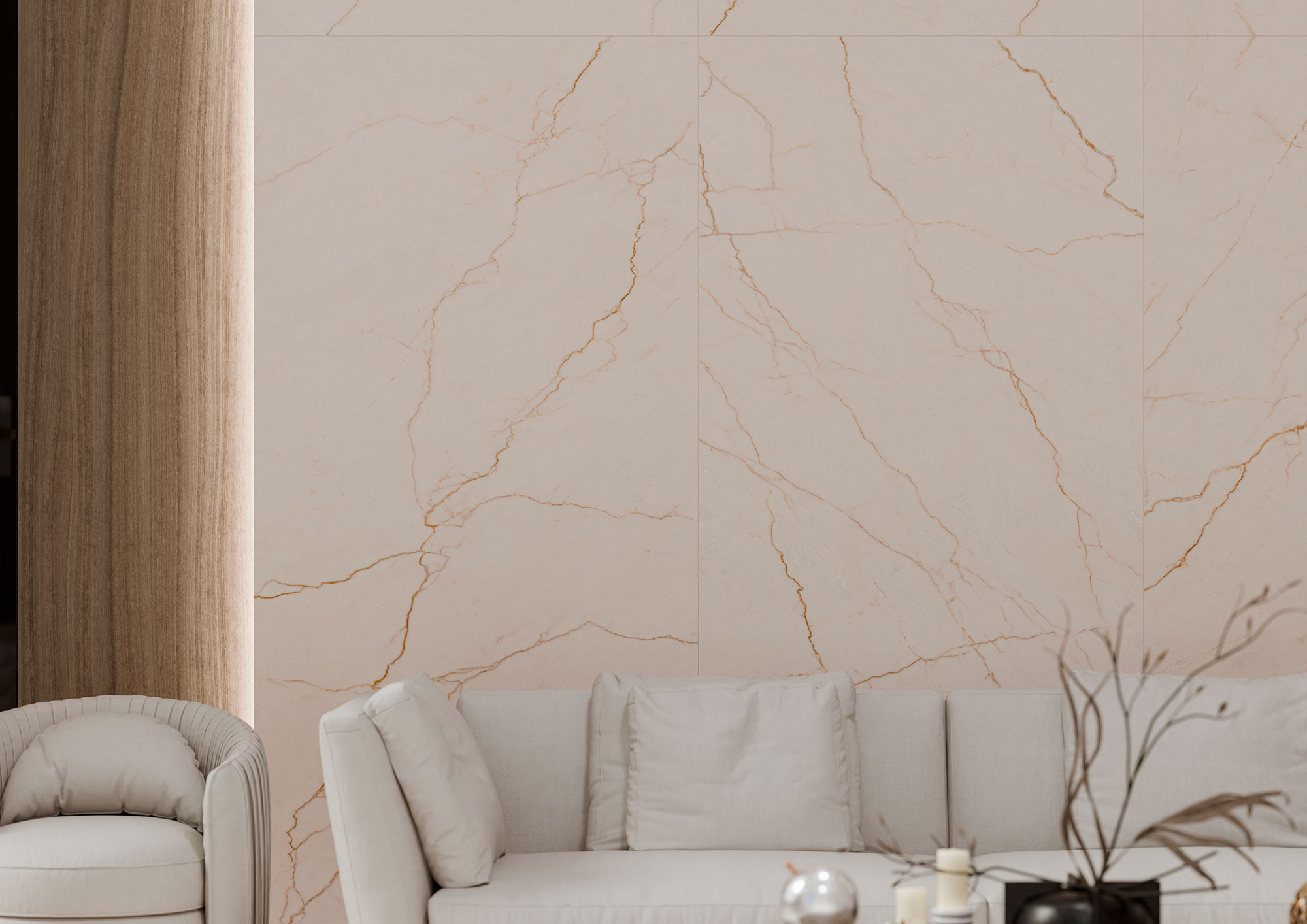 Avorio-Det-120x280 Revestimiento cerámico gran formato crema, vetas doradas y sofá beige en salón