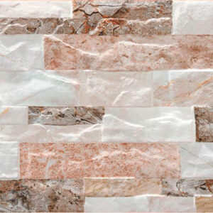 Revestimiento cerámico efecto piedra, listones rectangulares en tonos beige, rosa y blanco