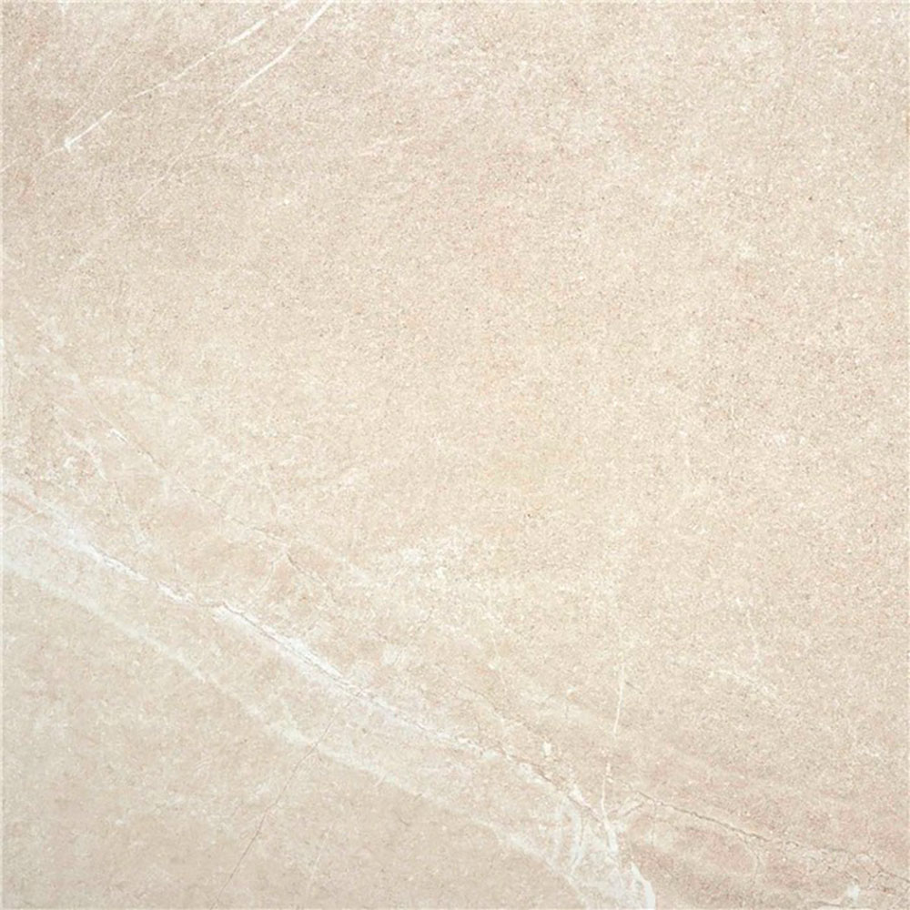 Baldosa cerámica beige efecto mármol con vetas claras y acabado mate