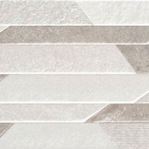 Revestimiento cerámico en tiras geométricas gris y beige con texturas mate
