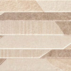 Revestimiento cerámico beige con lamas geométricas y texturas variadas
