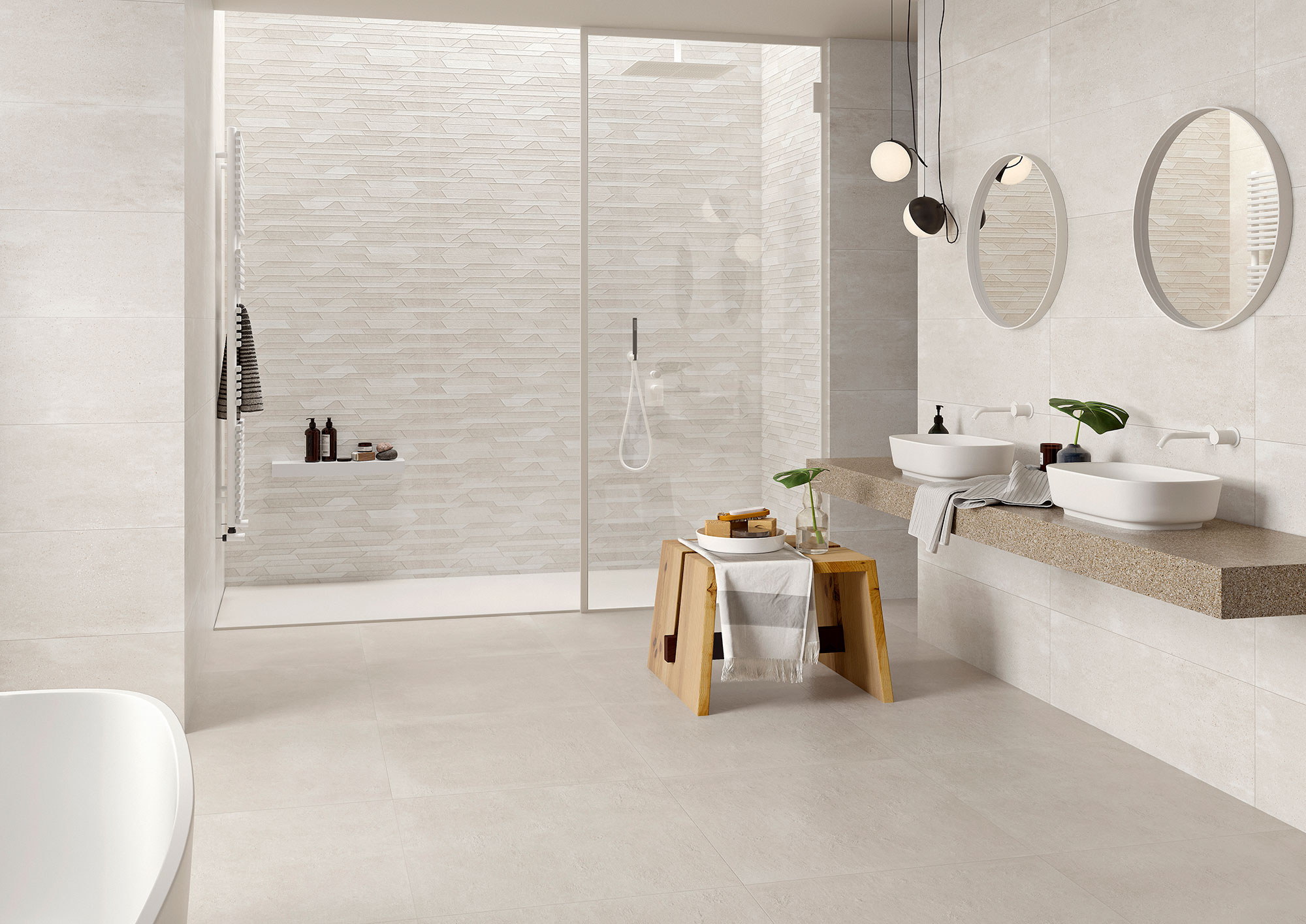 Baño minimalista con pavimento y revestimiento cerámico beige, ducha a ras y doble lavabo