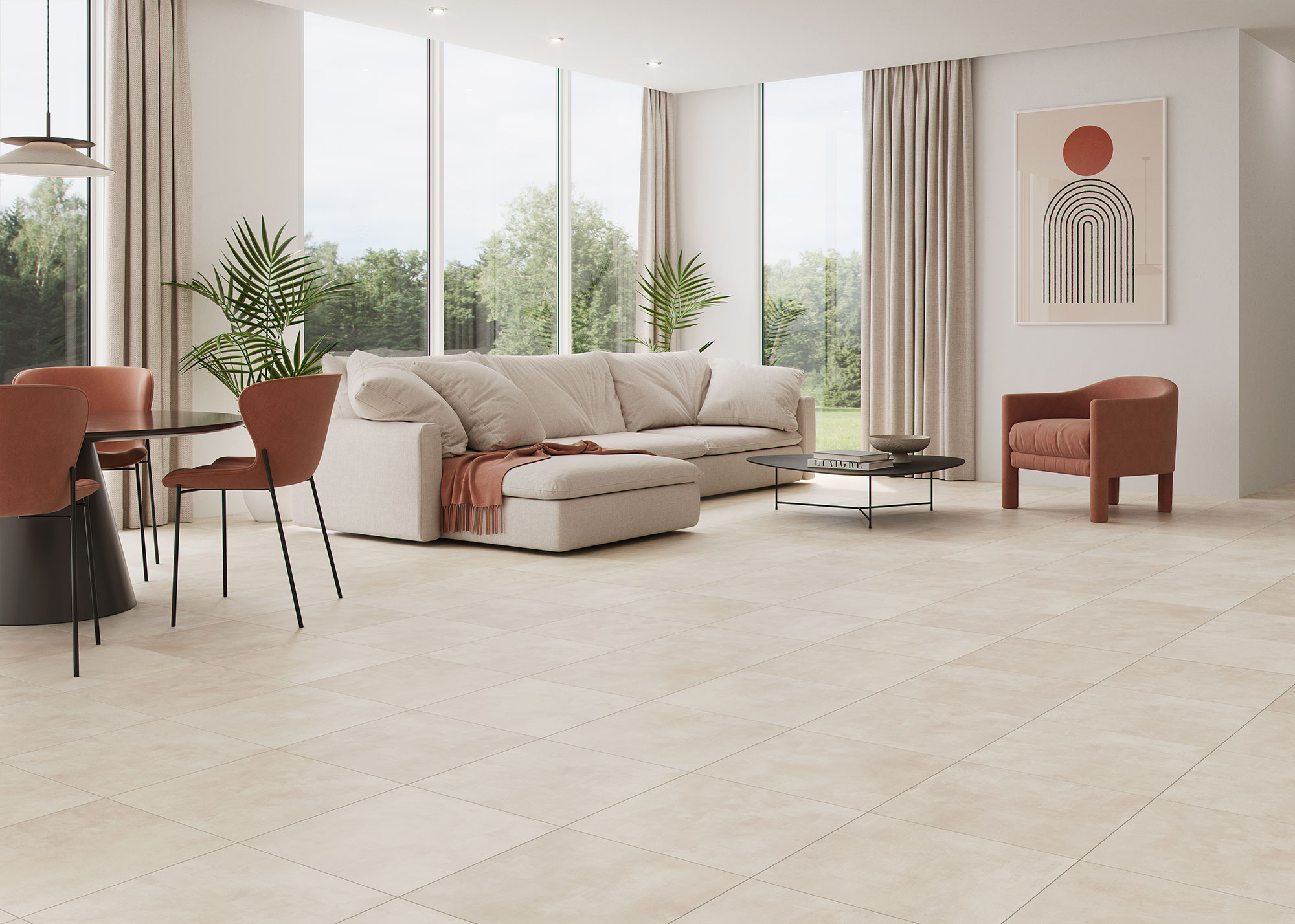 COLUMBIA-ARENA-45x45-RGB-AMB-01 Showroom con pavimento cerámico beige, sofá seccional y butacas terracota