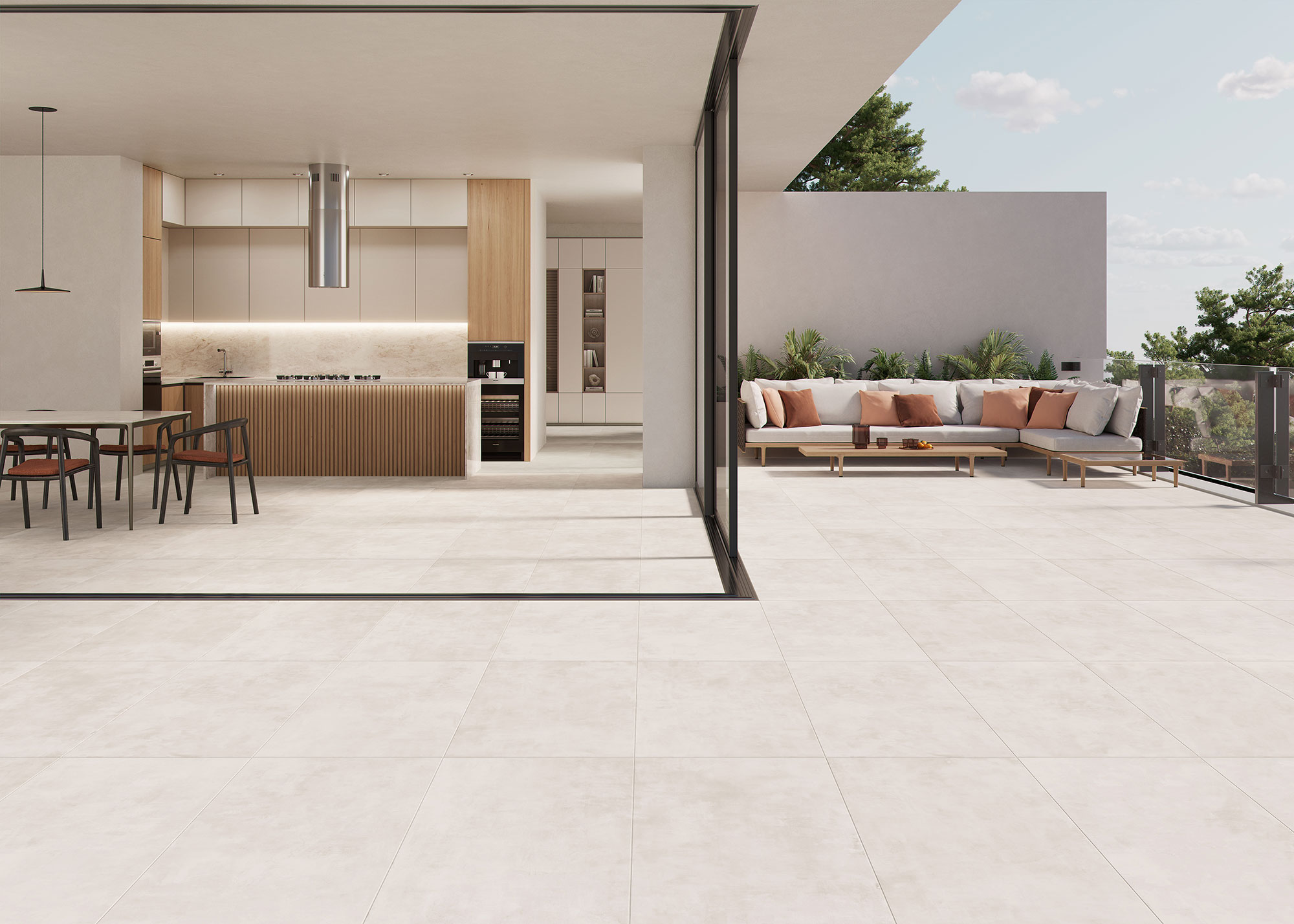 COLUMBIA-PEARL-60x120-RGB-AMB-01 Cocina y terraza contiguas con amplias baldosas cerámicas claras en interior y exterior