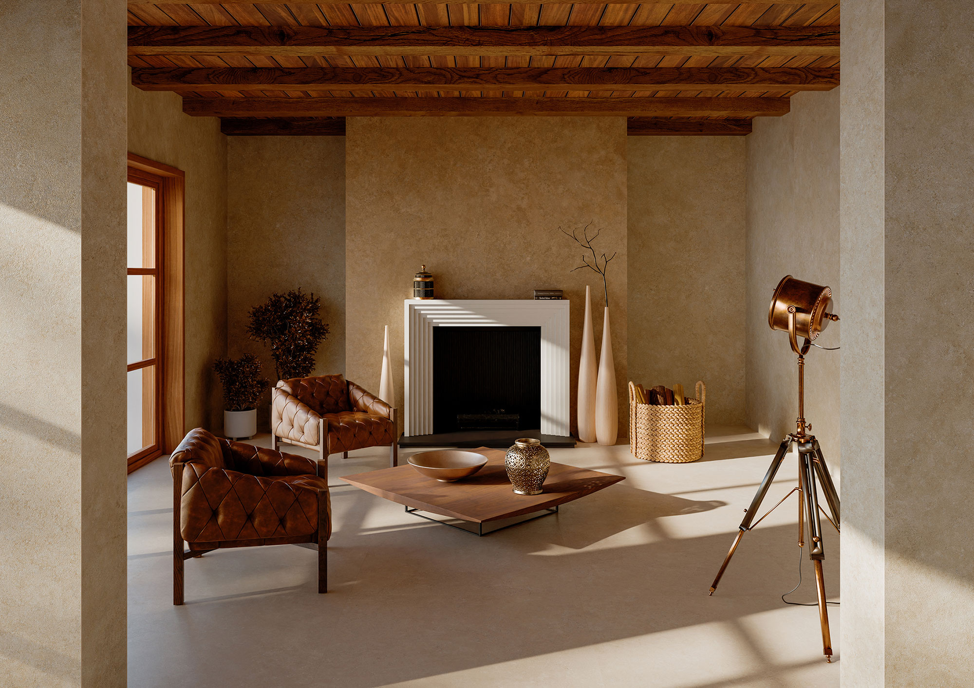 Sala de exposición con suelo cerámico, chimenea blanca, butacas de cuero y decoración