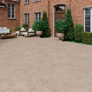 Terraza con pavimento cerámico beige efecto piedra