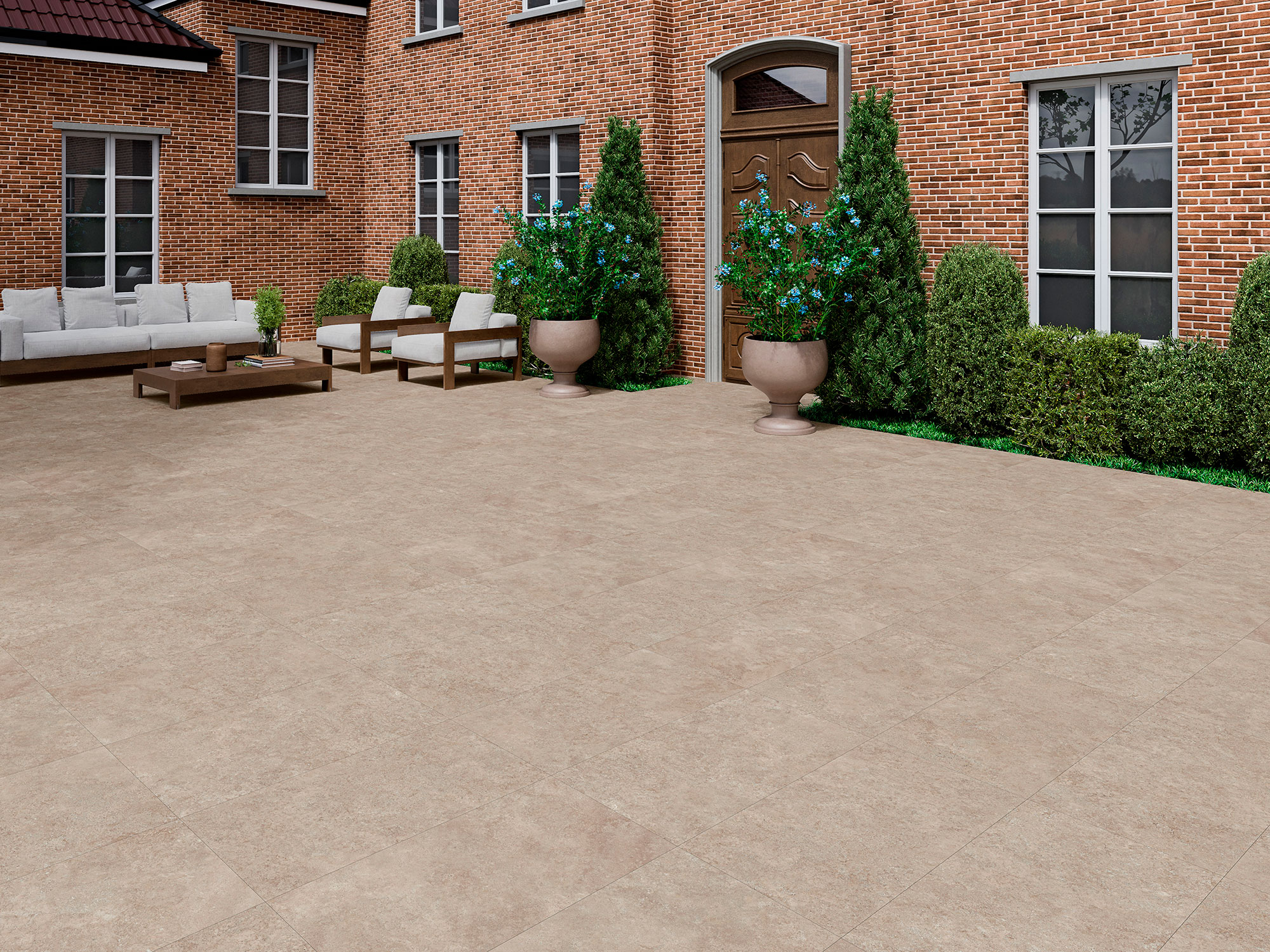 Terraza con pavimento cerámico beige efecto piedra