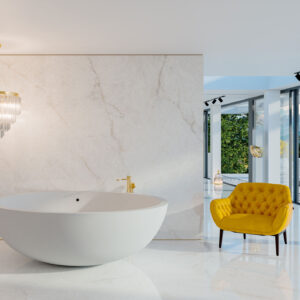 Exposición de pavimentos y revestimientos efecto mármol: bañera redonda, butaca amarilla