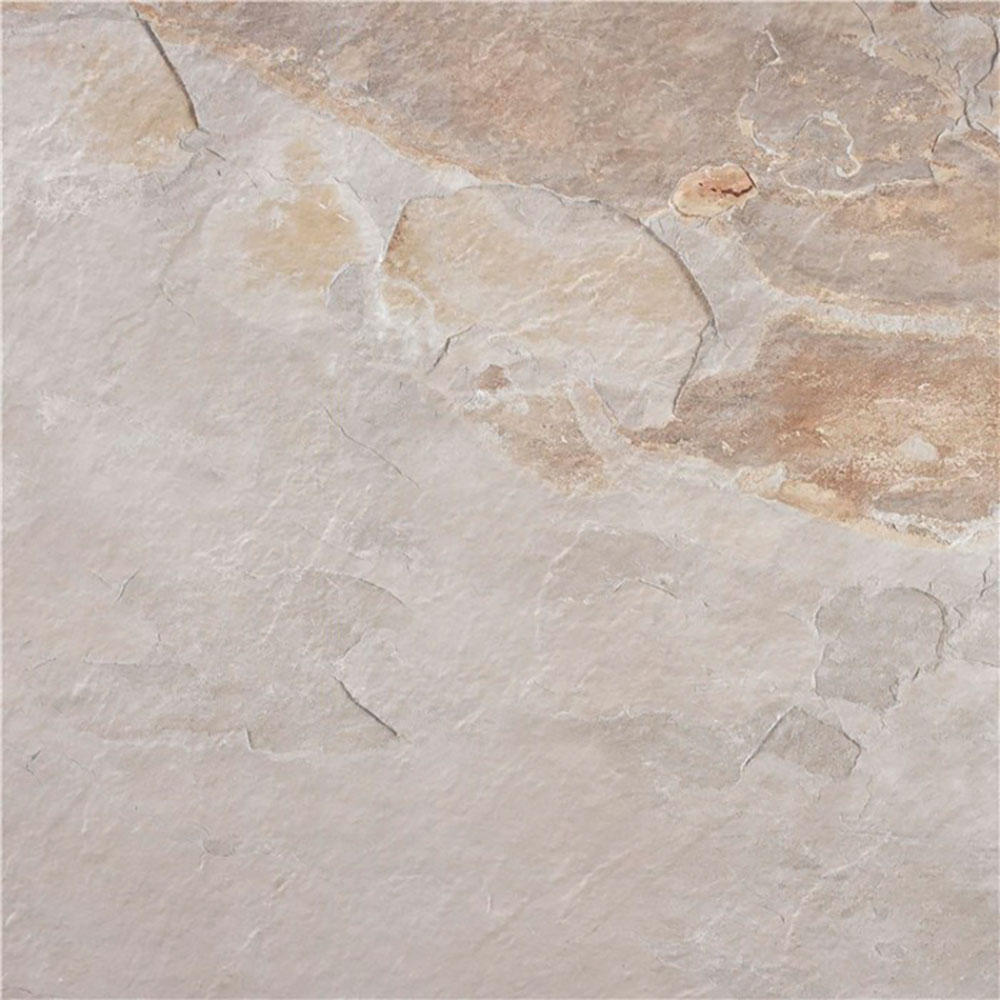 Baldosa efecto piedra beige con vetas tostadas y textura irregular mate