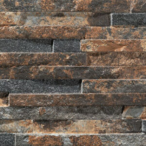 Revestimiento cerámico tipo pizarra apilada en tonos marrón y gris