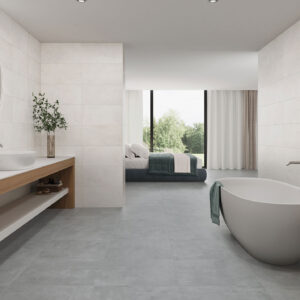 Columbia-Pearl-30x60-Columbia-Dark-Grey-60x60-R-AMB-01-RGB Baño moderno con bañera, lavabo; suelo y paredes revestidos en baldosa cerámica