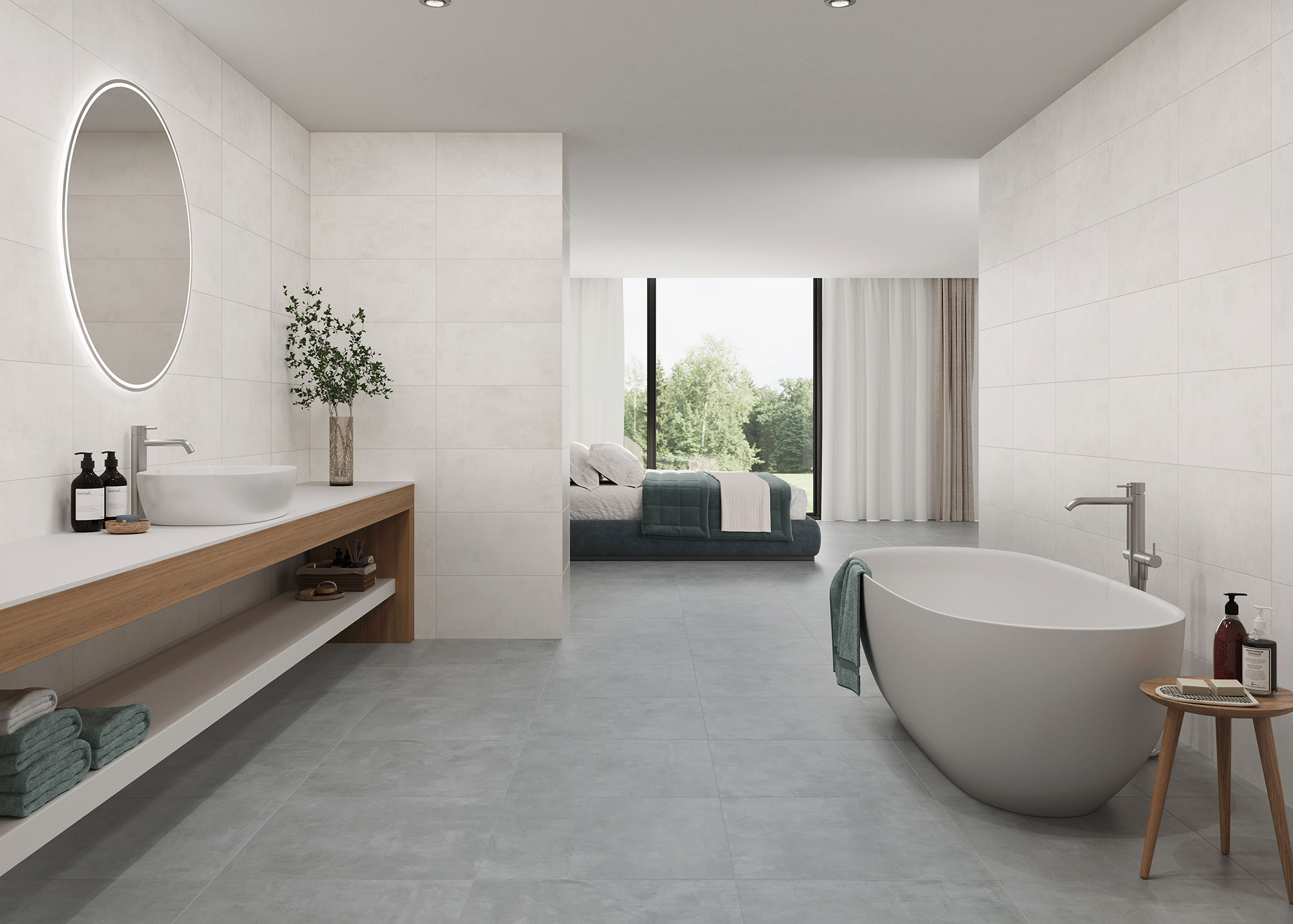 Columbia-Pearl-30x60-Columbia-Dark-Grey-60x60-R-AMB-01-RGB Baño moderno con bañera, lavabo; suelo y paredes revestidos en baldosa cerámica